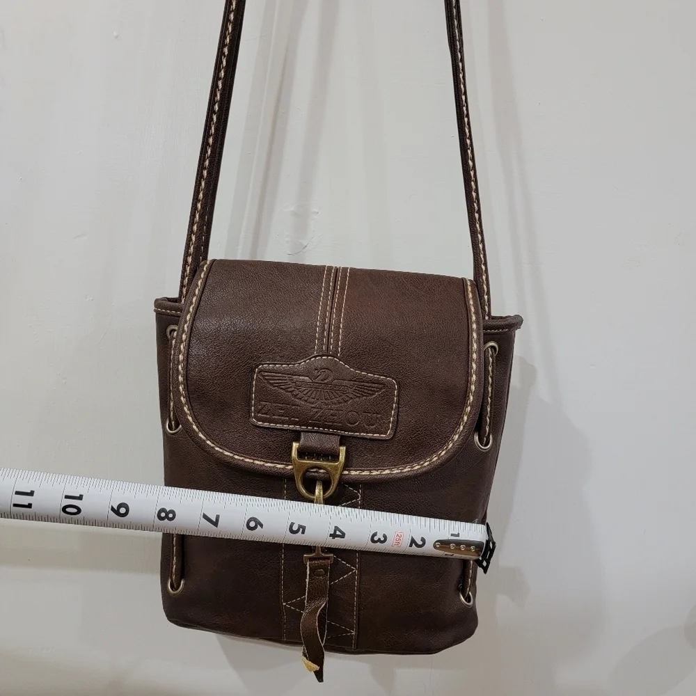 Zhi Zhou Crossbody Bag Flap Top Brown with Contrast Stitching
